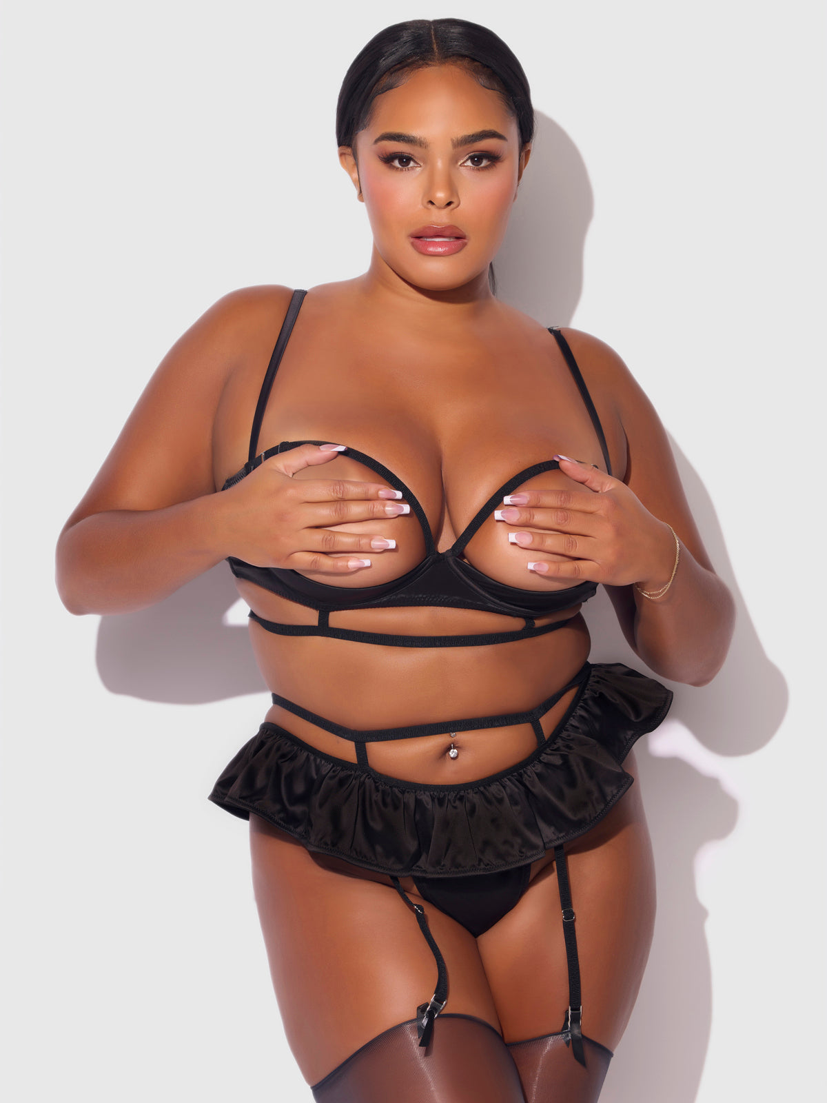 Brigeta Satin Open Cup Bra & Skirted Thong Set from Love It Curvy