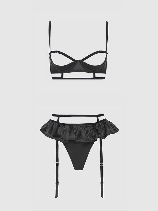 Brigeta Satin Open Cup Bra & Skirted Thong Set from Love It Curvy