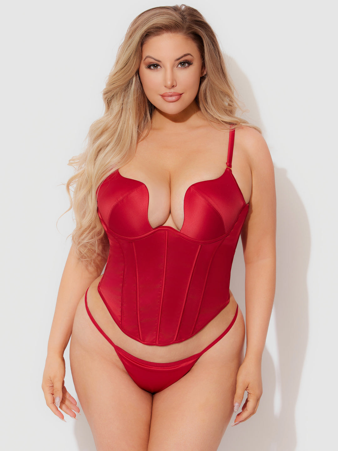 Brigeta Satin Plunge Push Up Bustier &amp; G-String Set from Love It Curvy