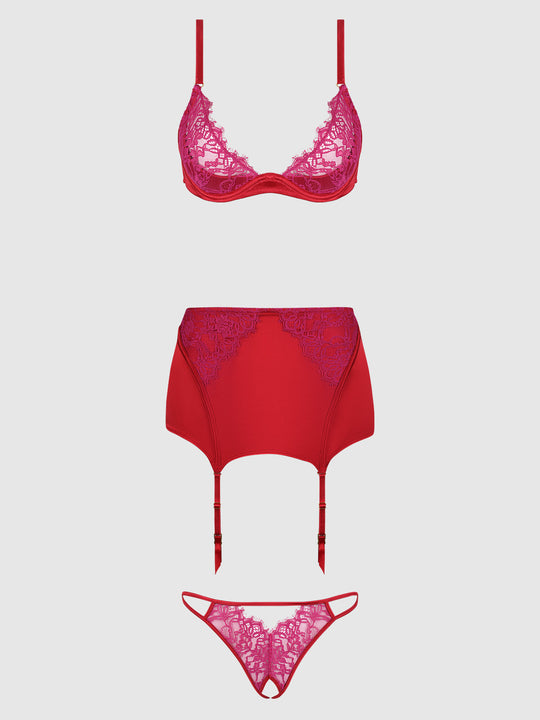 Jocelyn Lace & Satin Bra, Skirt & Crotchless G-String Set from Love It Curvy