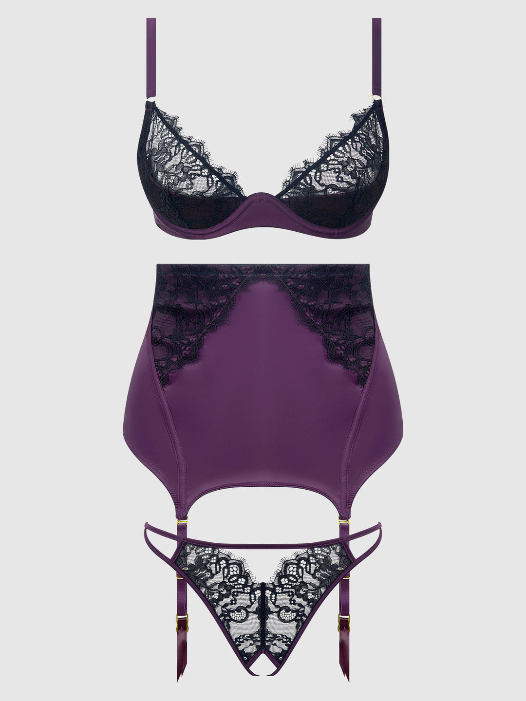Jocelyn Lace &amp; Satin Bra, Skirt &amp; Crotchless G-String Set from Love It Curvy