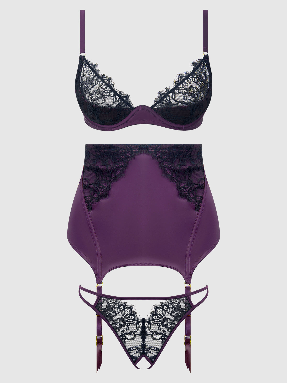 Jocelyn Lace & Satin Bra, Skirt & Crotchless G-String Set from Love It Curvy