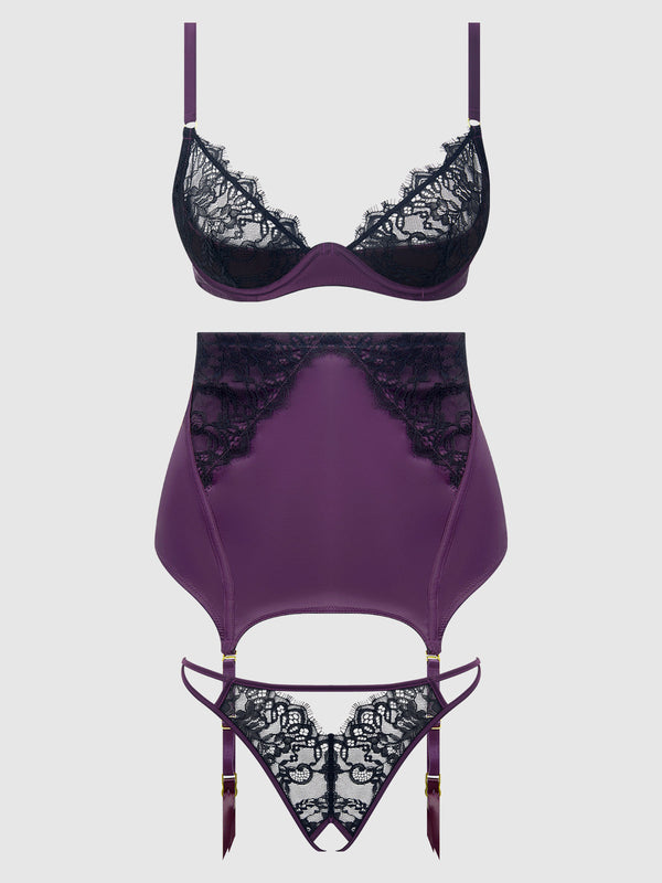 Jocelyn Lace & Satin Bra, Skirt & Crotchless G-String Set from Love It Curvy