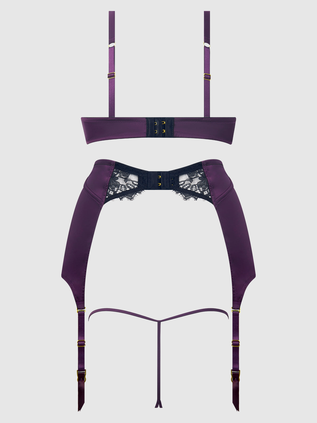 Jocelyn Lace & Satin Bra, Skirt & Crotchless G-String Set from Love It Curvy