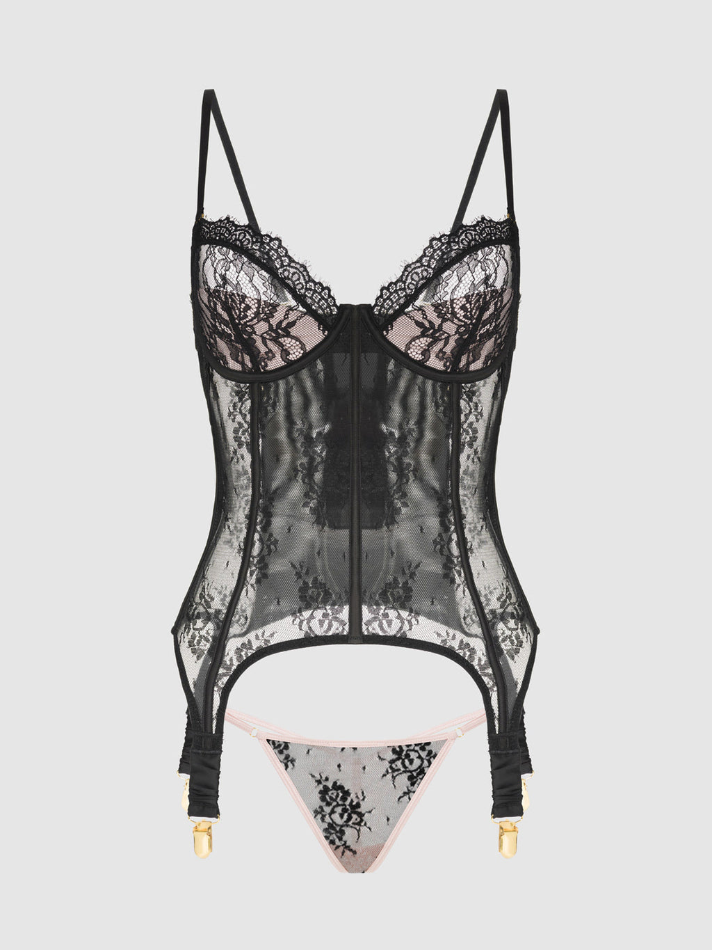 Jocelyn Lace & Satin Underwire Corset & G-String Set from Love It Curvy
