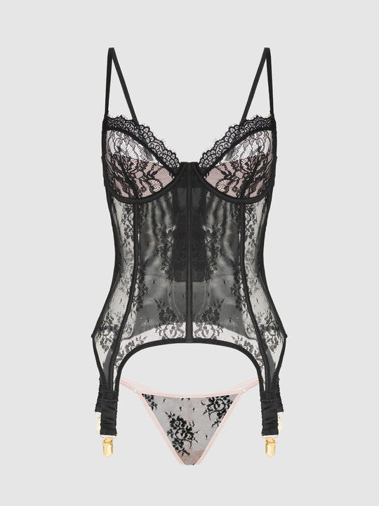 Jocelyn Lace & Satin Underwire Corset & G-String Set from Love It Curvy