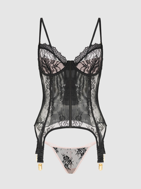 Jocelyn Lace & Satin Underwire Corset & G-String Set from Love It Curvy