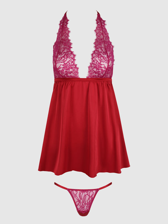 Jocelyn Lace & Satin Drop Off Babydoll & G-String Set from Love It Curvy