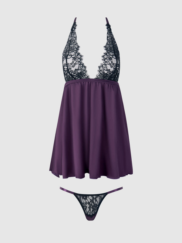 Jocelyn Lace & Satin Drop Off Babydoll & G-String Set from Love It Curvy