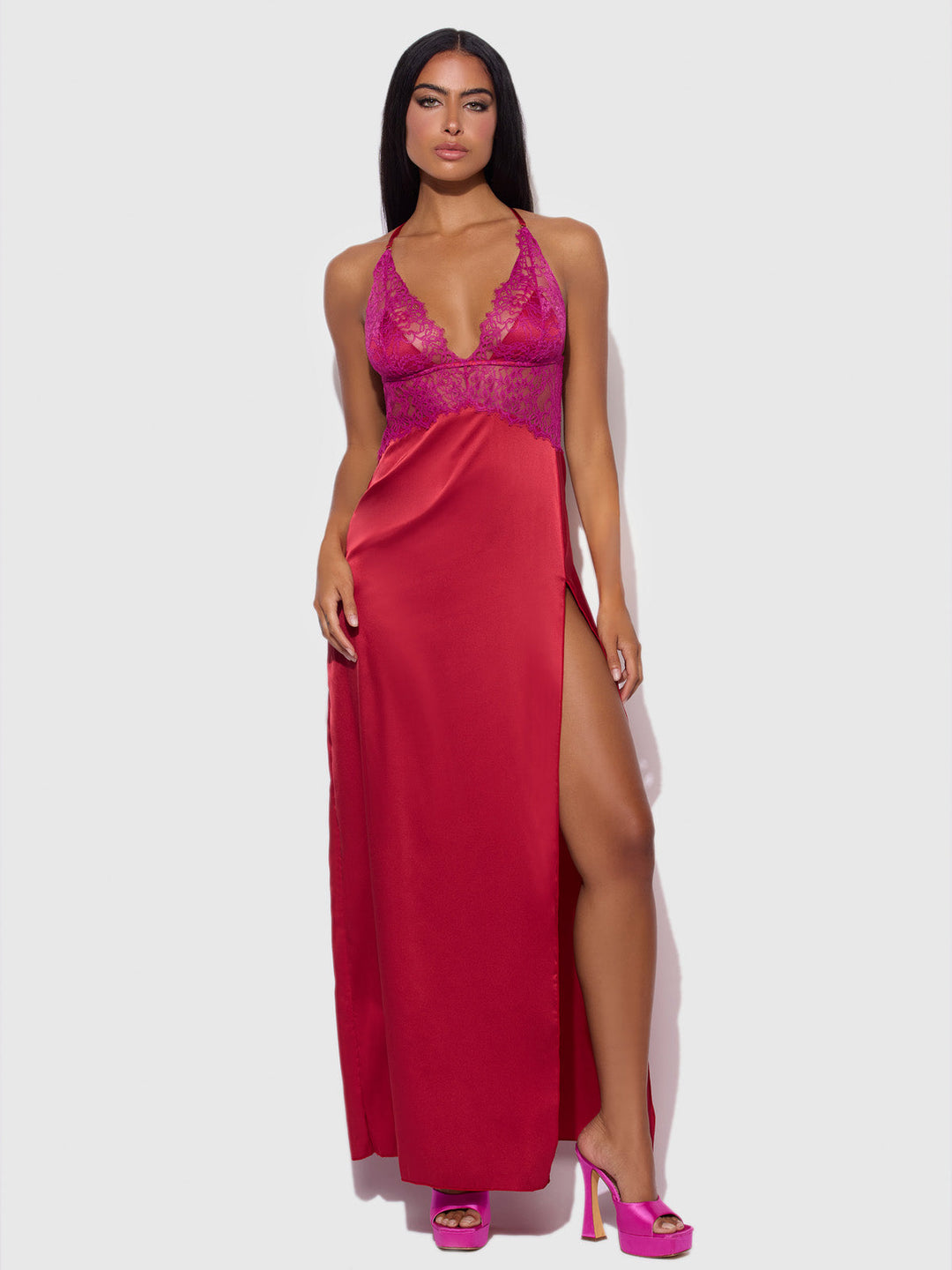 Jocelyn Satin &amp; Lace Long High Slit Gown | Love It Curvy