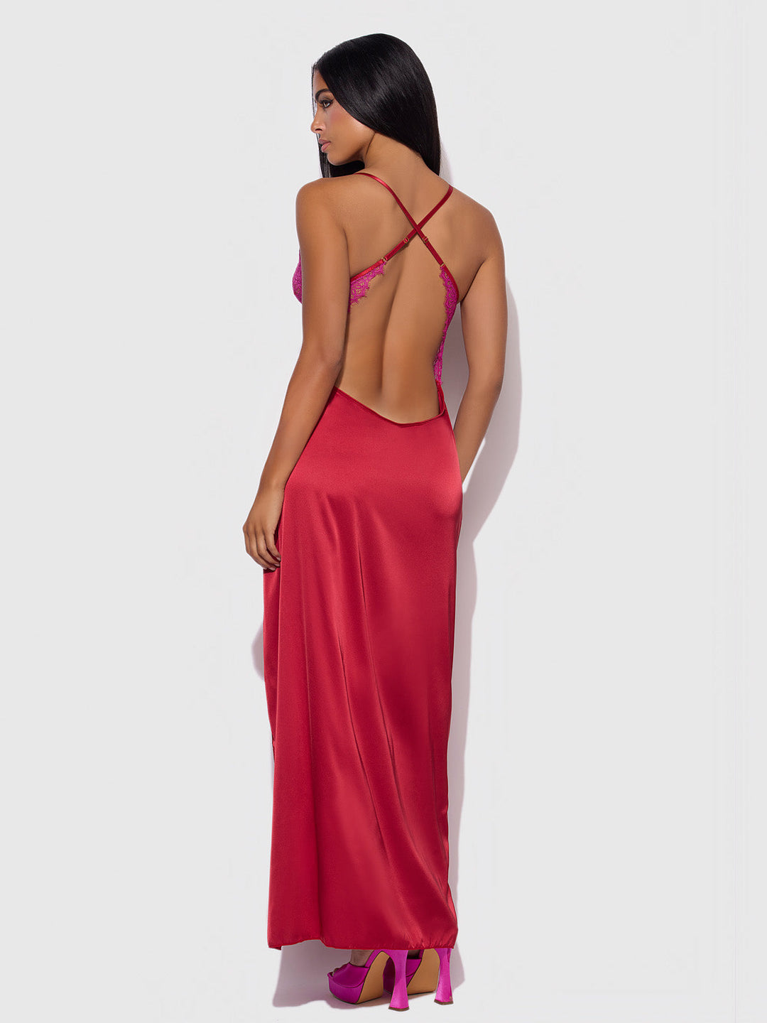 Jocelyn Satin &amp; Lace Long High Slit Gown | Love It Curvy
