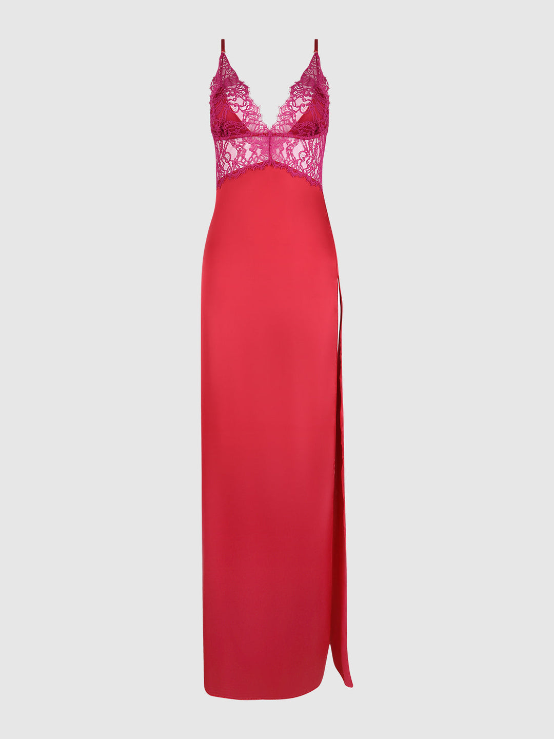 Jocelyn Satin &amp; Lace Long High Slit Gown | Love It Curvy
