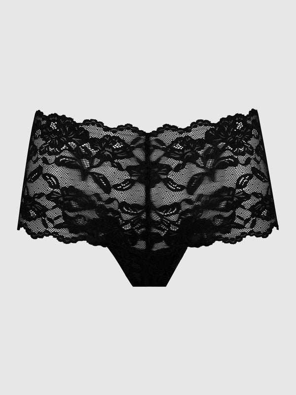 Bella Lace Cheeky Panty in Black, product-only front view.