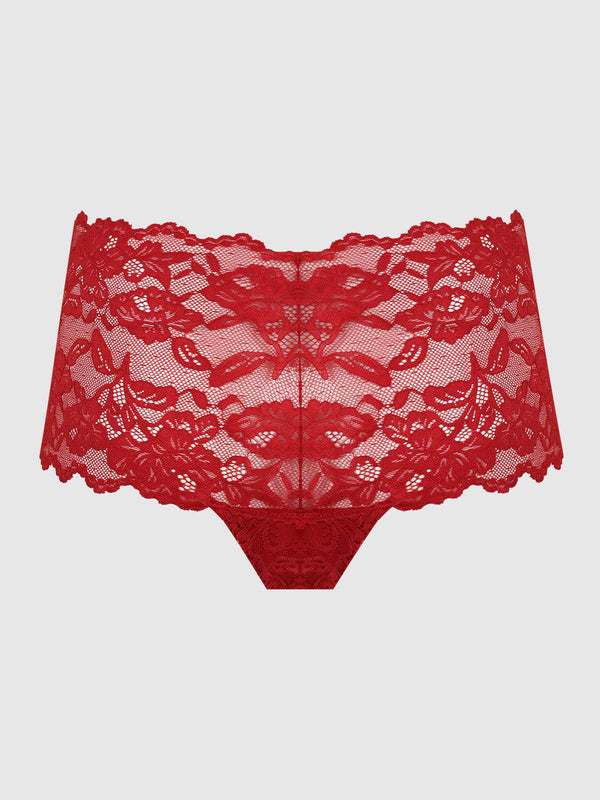 Bella Lace Cheeky Panty in Crimson Red, product-only back view.