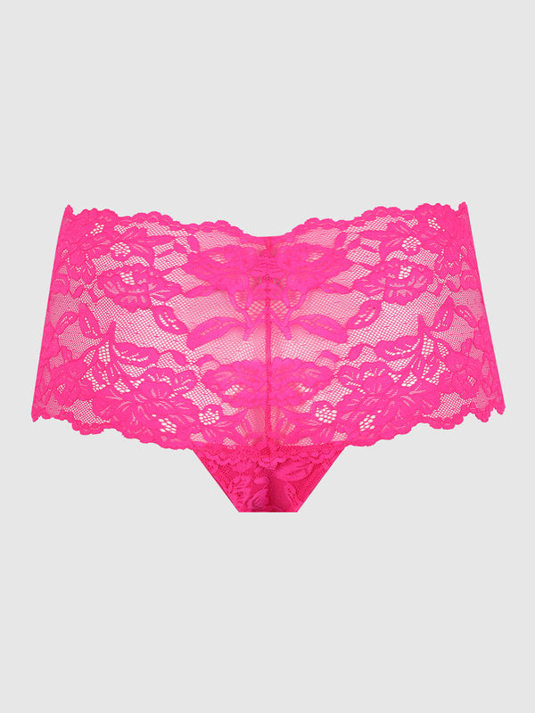 Bella Lace Cheeky Panty in Pink Dragon, product-only back view.