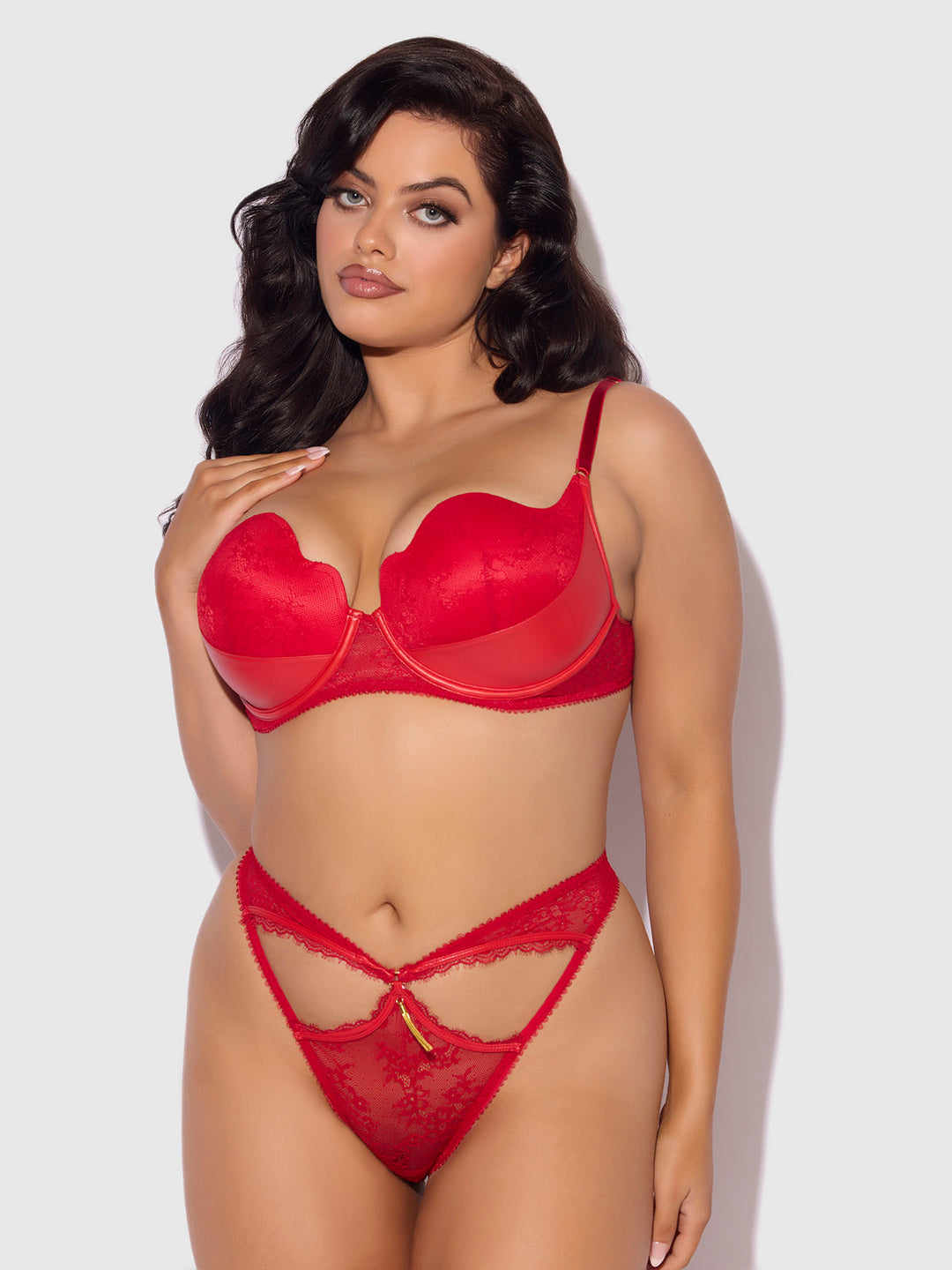 Kiki Lace &amp; Faux Leather Balconette &amp; Open Back Hipster Set from Love It Curvy