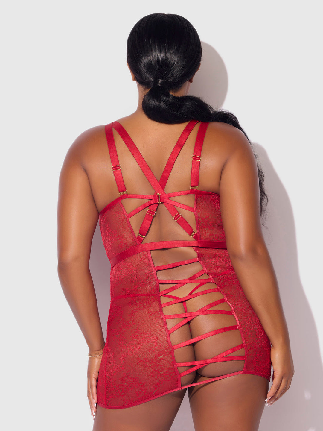 Kiki Lace Strappy &amp; Backless Chemise &amp; G-String Set from Love It Curvy