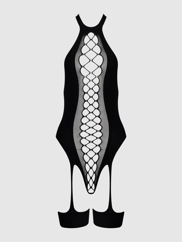 Halter Neck & Gartered Teddy Bodystocking in black, image 2