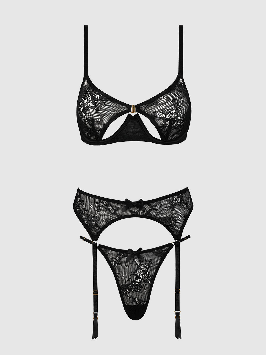 Yvone Lace Open Cup Bra, Crotchless Thong &amp; Garter Set | Love It Curvy