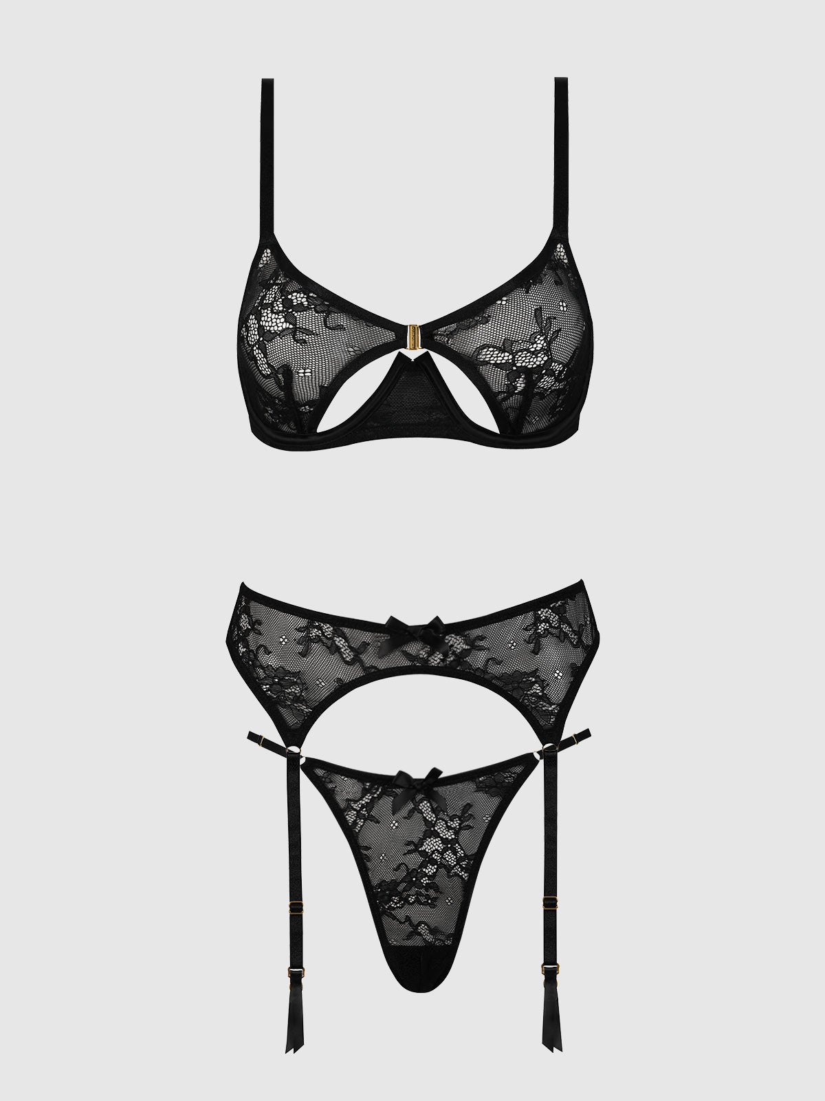 Yvone Lace Open Cup Bra, Crotchless Thong & Garter Set | Love It Curvy