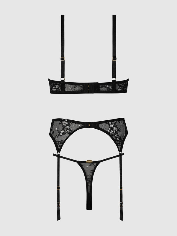 Yvone Lace Open Cup Bra, Crotchless Thong & Garter Set | Love It Curvy