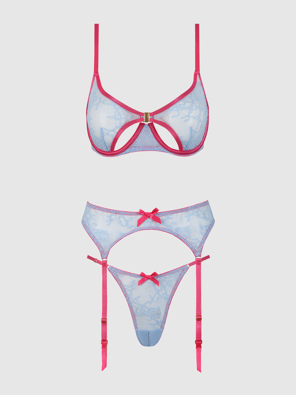 Yvone Lace Open Cup Bra, Crotchless Thong & Garter Set | Love It Curvy