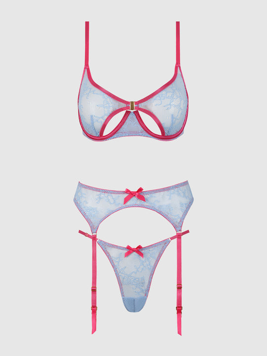 Yvone Lace Open Cup Bra, Crotchless Thong & Garter Set | Love It Curvy