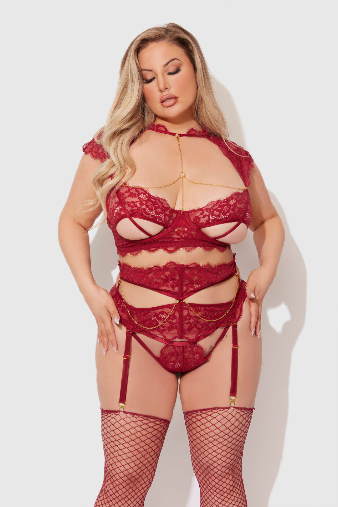 Dezi Lace &amp; Chain Open Cup Bra, Garter &amp; G-String Set from Love It Curvy