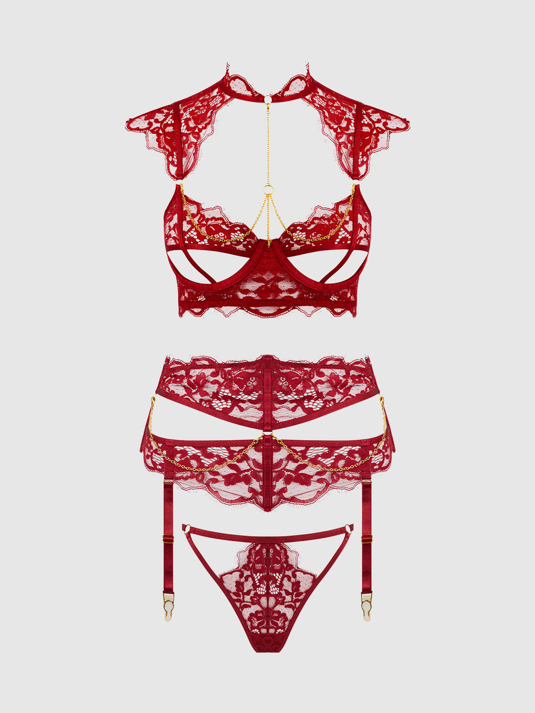 Dezi Lace &amp; Chain Open Cup Bra, Garter &amp; G-String Set from Love It Curvy