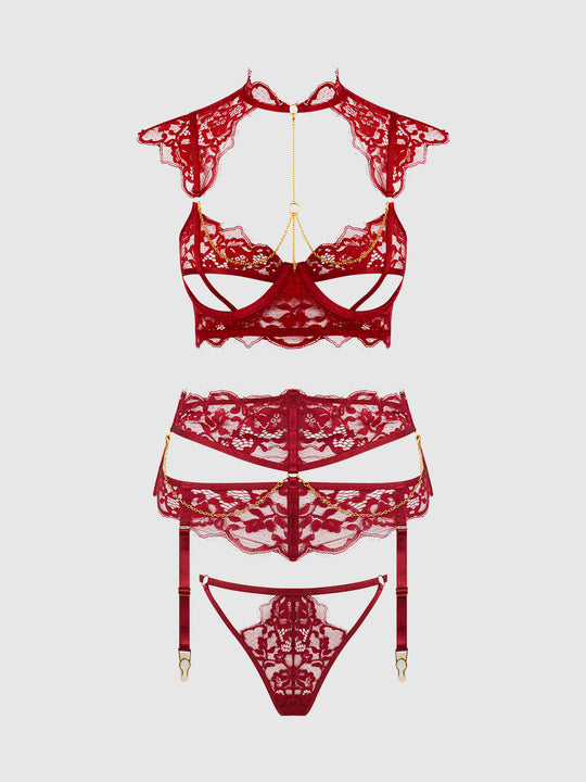 Dezi Lace & Chain Open Cup Bra, Garter & G-String Set from Love It Curvy