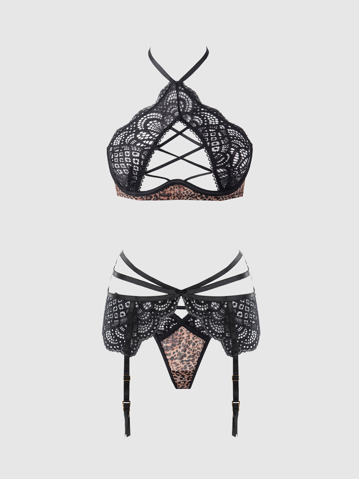 Felicia Leopard Mesh & Lace Bra, Garter & G-String Set | Love It Curvy Secondary image