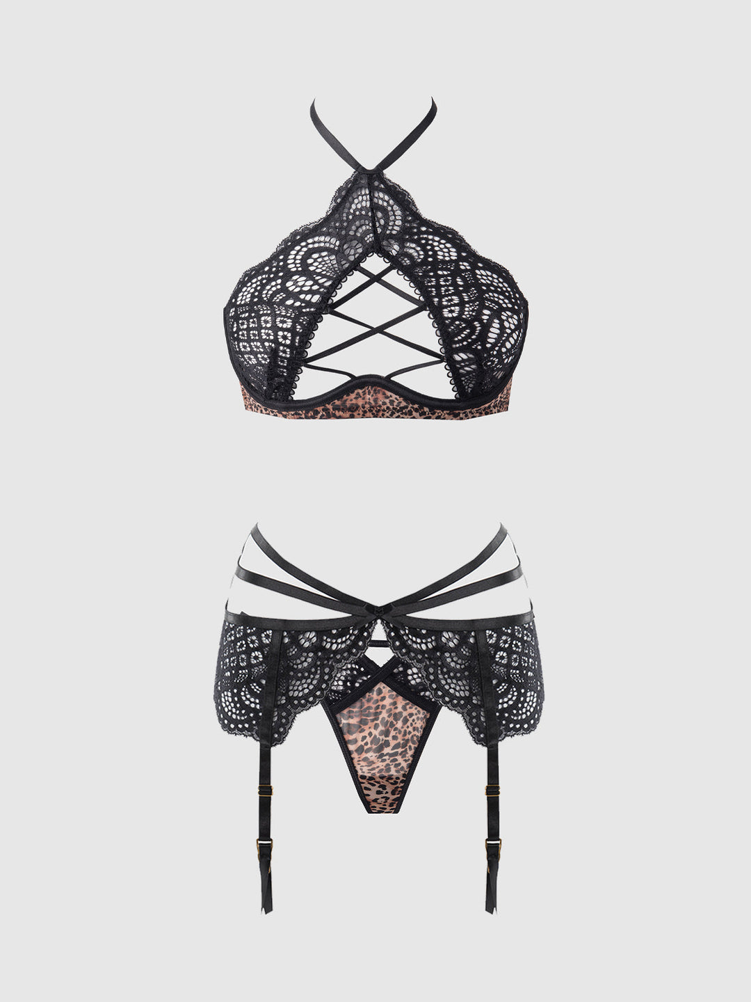 Felicia Leopard Mesh &amp; Lace Bra, Garter &amp; G-String Set from Love It Curvy