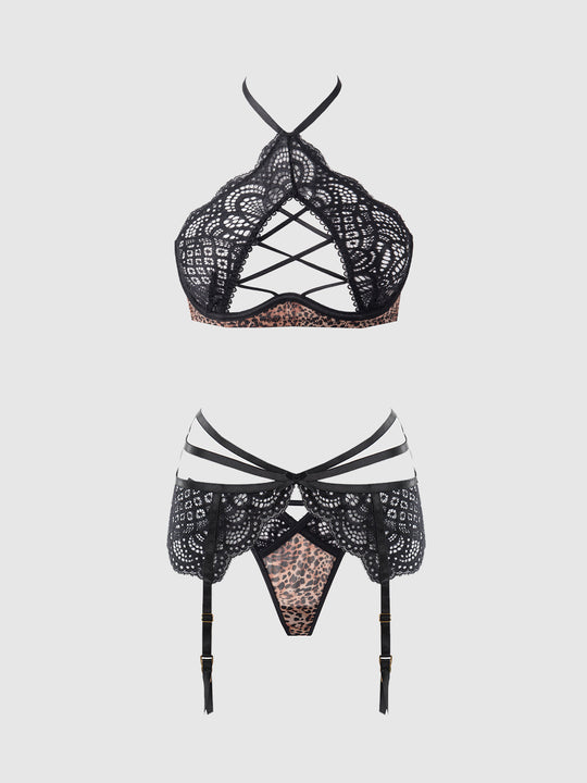Felicia Leopard Mesh & Lace Bra, Garter & G-String Set from Love It Curvy