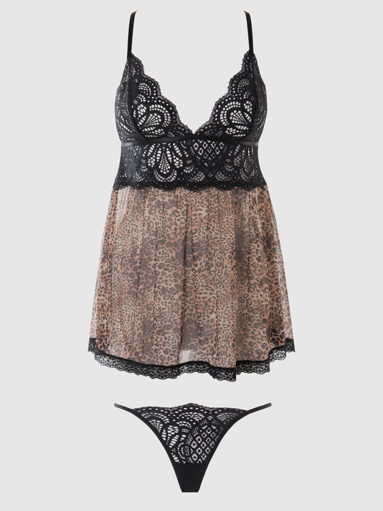 Felicia Leopard Mesh & Lace Babydoll Set from Love It Curvy