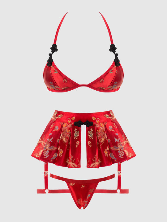 Dragon Triangle Bralette, Skirted Garter & Thong Set from Love It Curvy