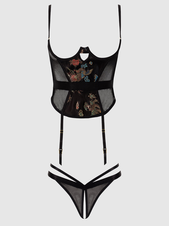 Dragon Satin Open Cup Corset & Crotchless Thong Set from Love It Curvy