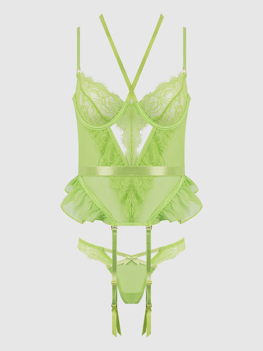 Shavon Lace & Chiffon Bustier & Thong Set from Love It Curvy
