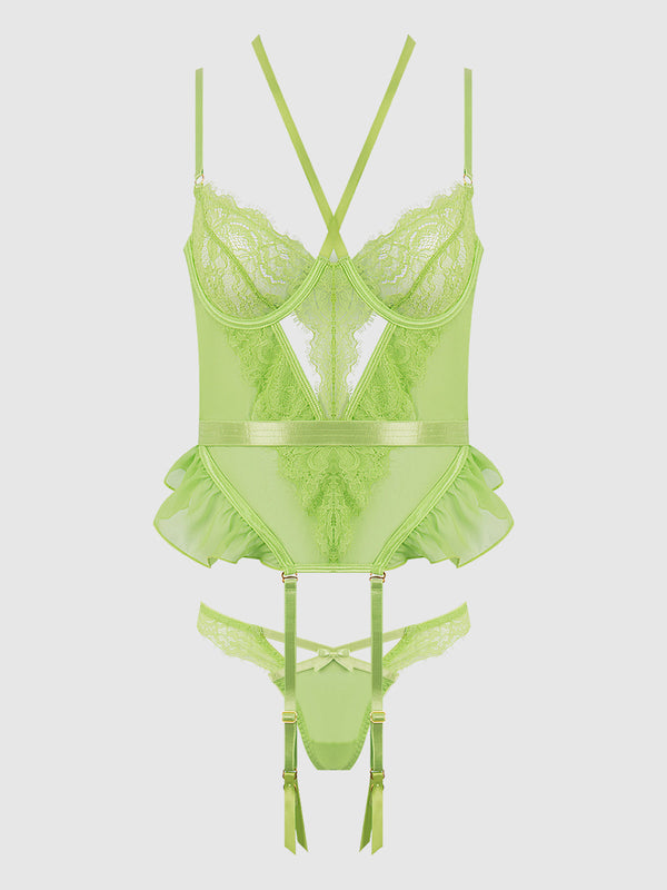 Shavon Lace & Chiffon Bustier & Thong Set from Love It Curvy