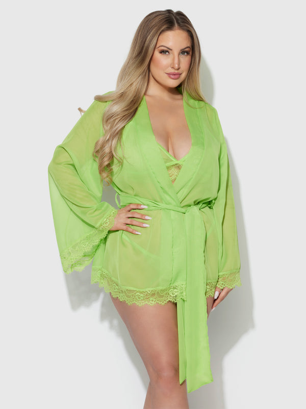 Shavon Lace & Chiffon Robe, Bralette & G-String Set from Love It Curvy