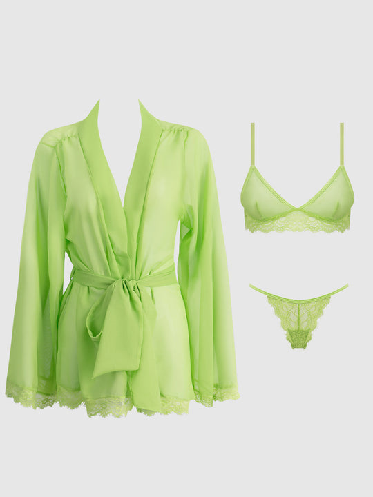 Shavon Lace & Chiffon Robe, Bralette & G-String Set from Love It Curvy