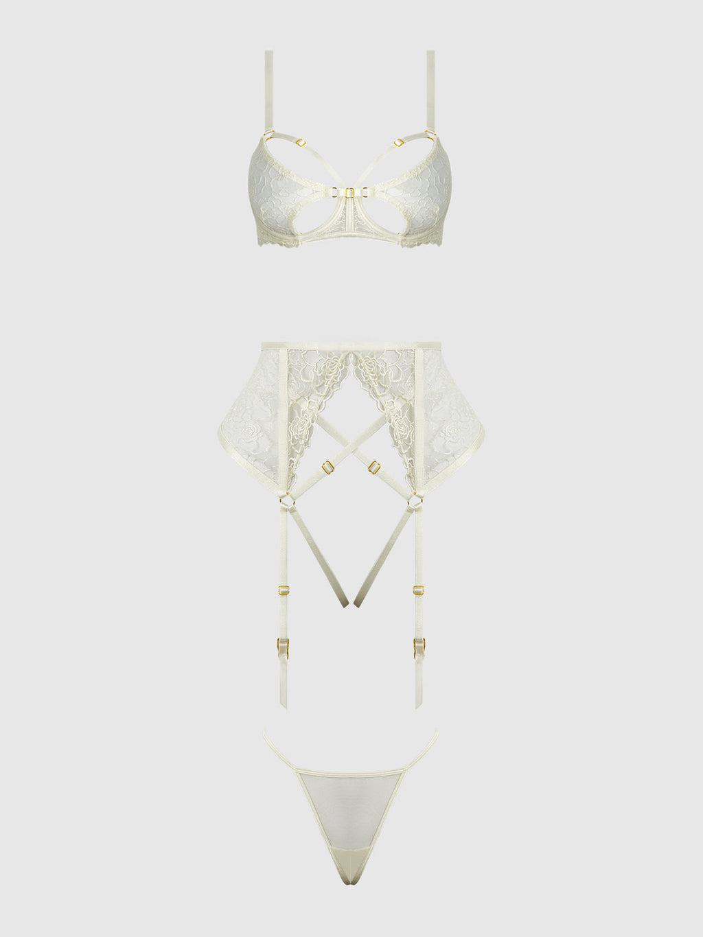 Rosalie Embroidered Lace Open-Cup Bra, Garter & G-String Set from Love It Curvy