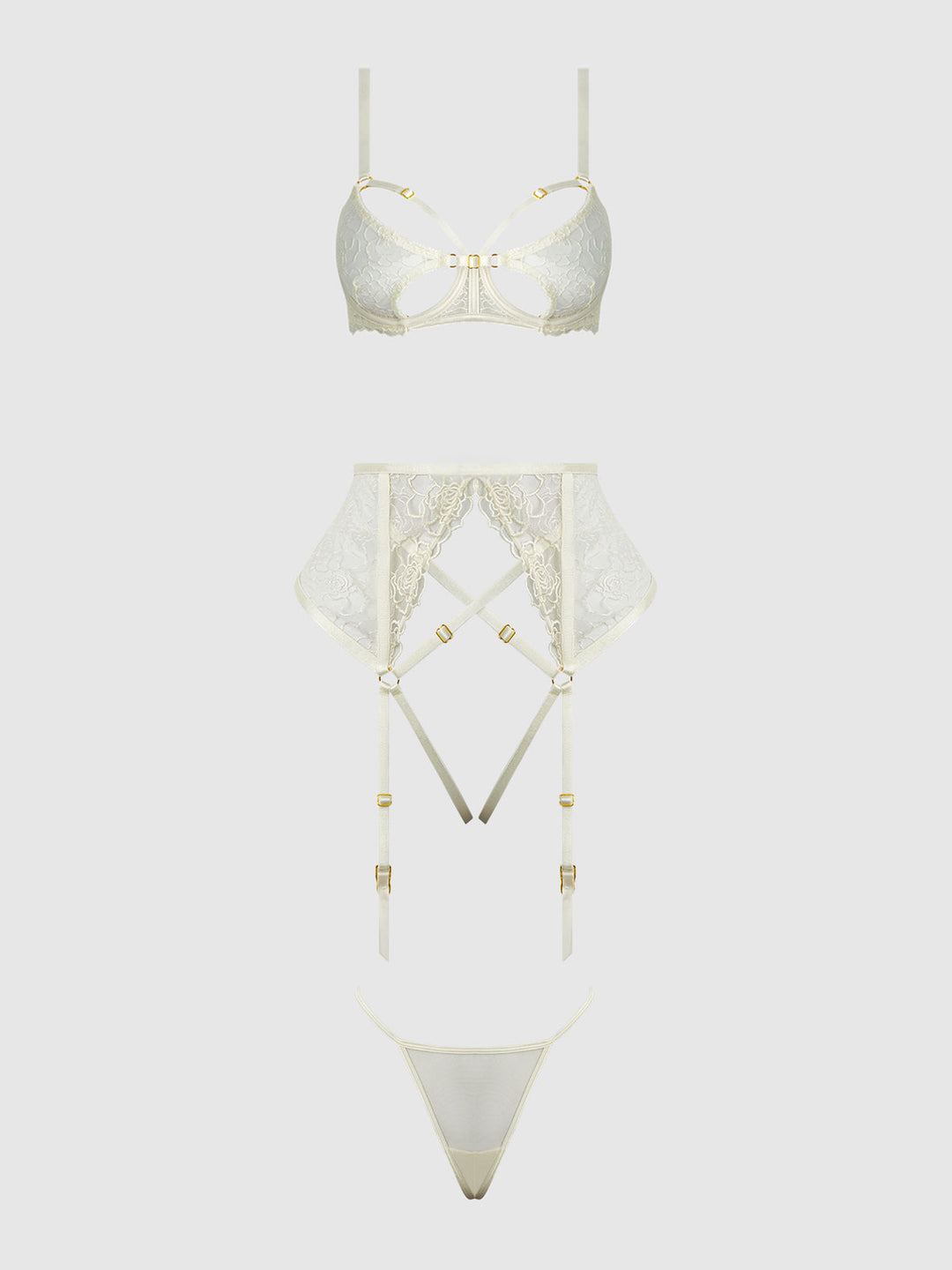 Rosalie Embroidered Lace Open-Cup Bra, Garter &amp; G-String Set from Love It Curvy