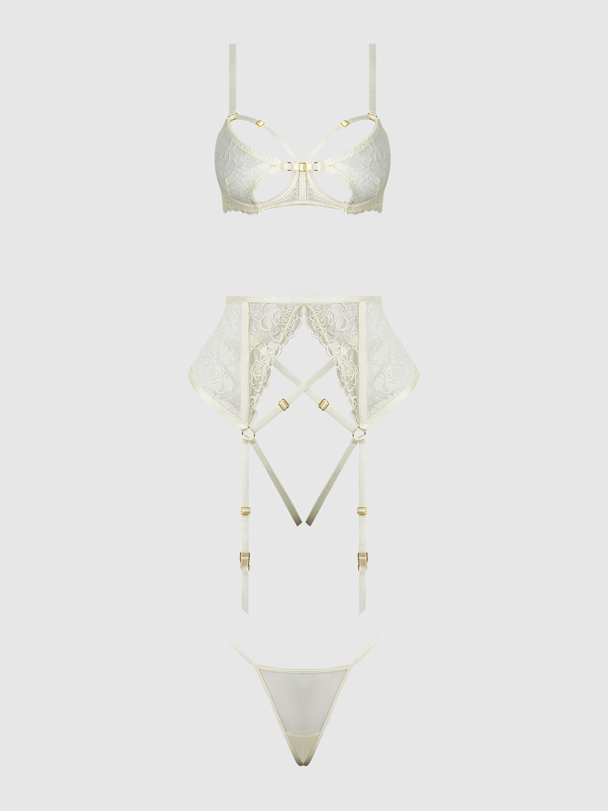 Rosalie Embroidered Lace Open-Cup Bra, Garter & G-String Set from Love It Curvy