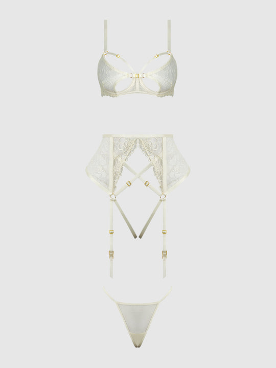 Rosalie Embroidered Lace Open-Cup Bra, Garter & G-String Set from Love It Curvy