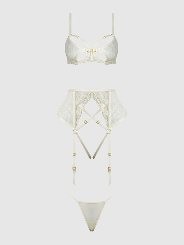 Rosalie Embroidered Lace Open-Cup Bra, Garter & G-String Set from Love It Curvy