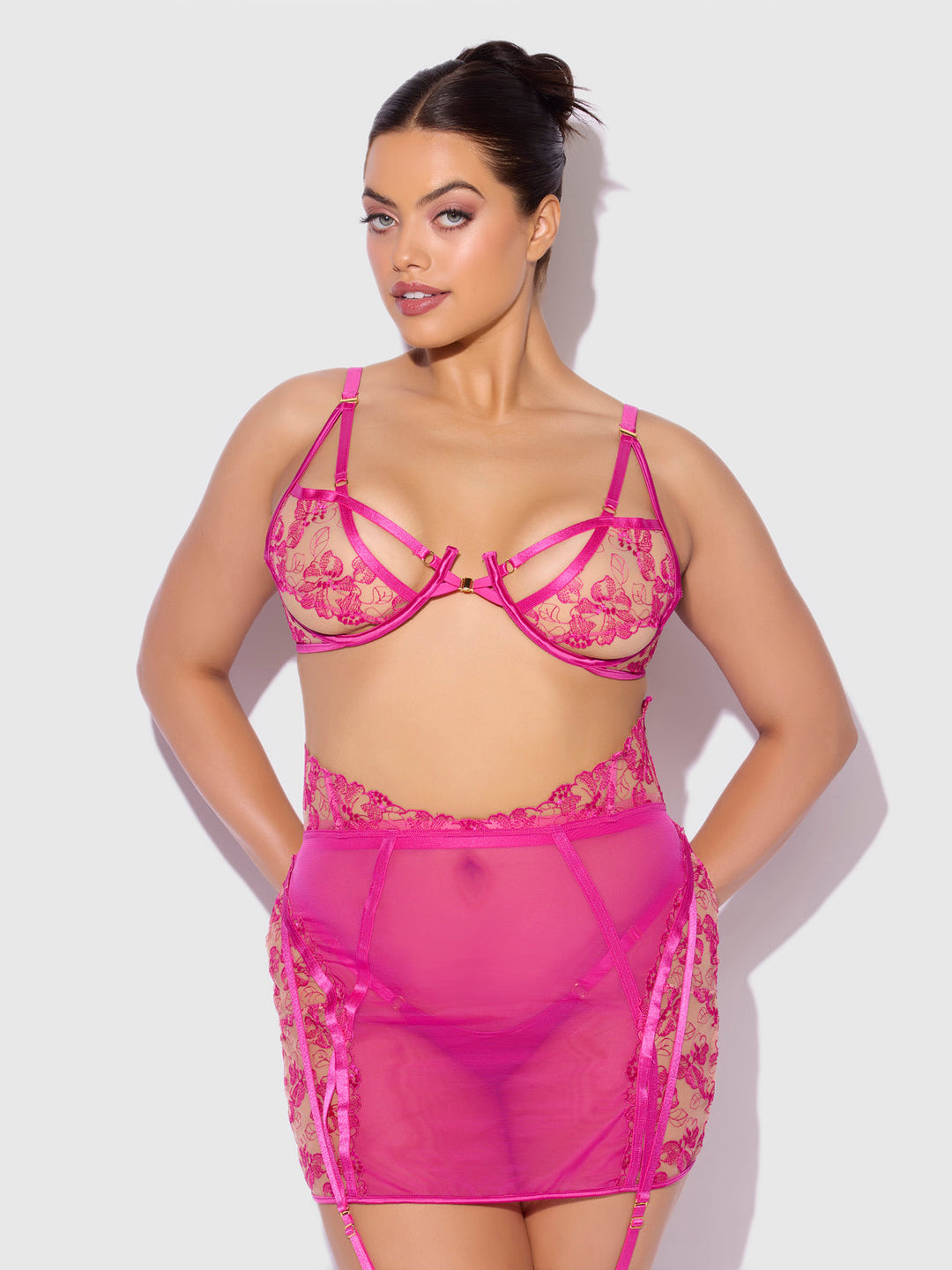 Nova Blacklight Lace Bra, Skirt &amp; G-String Set from Love It Curvy