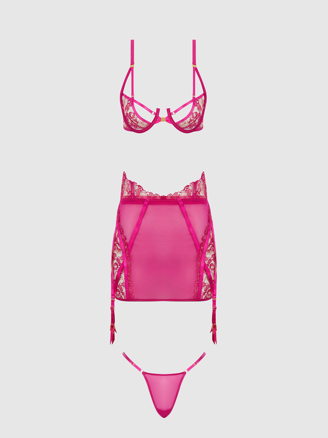 Nova Blacklight Lace Bra, Skirt &amp; G-String Set from Love It Curvy