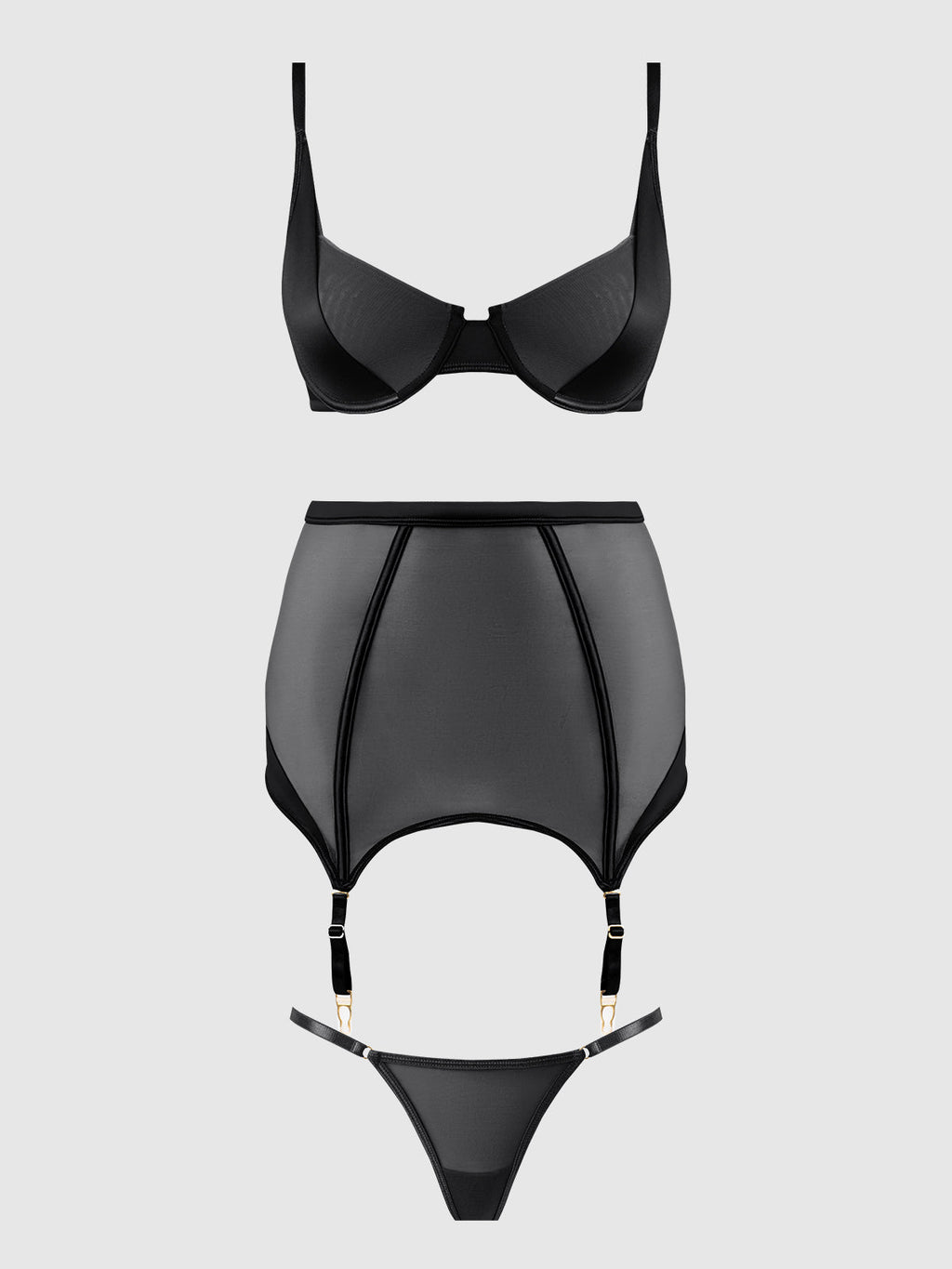 Raquel Mesh & Silky Micro Bra, Garter Skirt & G-String Set from Love It Curvy