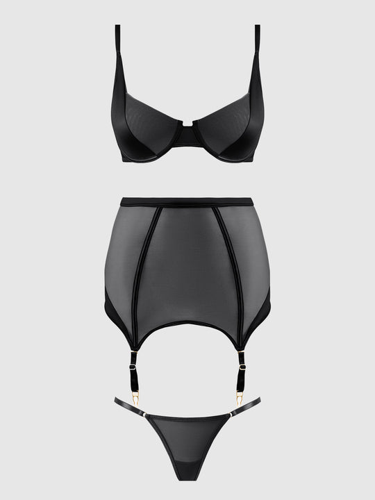Raquel Mesh & Silky Micro Bra, Garter Skirt & G-String Set from Love It Curvy