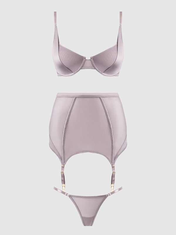 Raquel Mesh & Silky Micro Bra, Garter Skirt & G-String Set from Love It Curvy